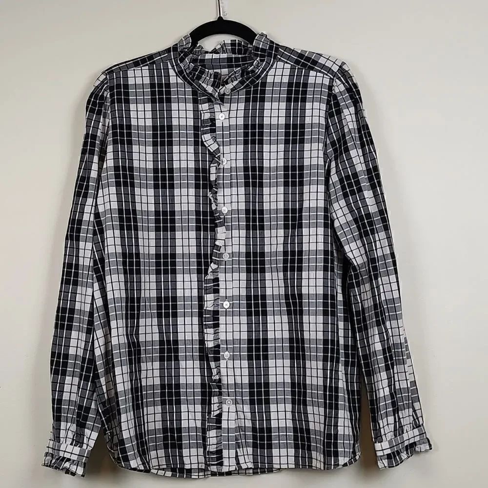 LOFT Long Sleeve Button Down Ruffled Blouse Black and White Plaid